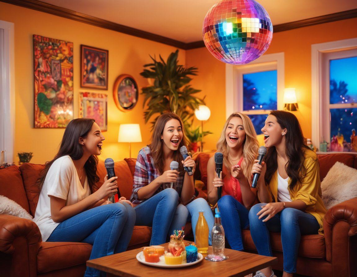 A lively scene of friends gathered in a cozy living room, passionately singing karaoke with a colorful microphone, surrounded by vibrant decorations and a disco ball reflecting lights. Include snacks and drinks on a table, and happy expressions on their faces as they celebrate. The atmosphere should feel warm and inviting, capturing the joy of shared moments. super-realistic. vibrant colors. cozy ambiance.