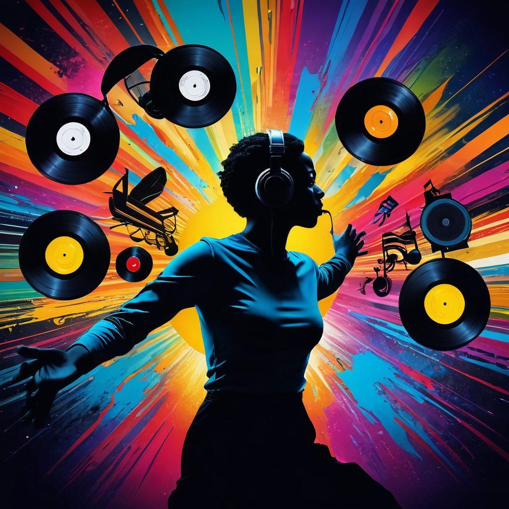 A vibrant collage showcasing a variety of musical elements such as vinyl records, headphones, and dynamic soundwaves radiating outward. In the background, silhouettes of people dancing at different events like weddings, parties, and corporate functions, symbolizing the transformation from casual music selection to an unforgettable performance. Bright colors and an energetic atmosphere fill the scene to evoke excitement and diversity in music choices. super-realistic. vibrant colors. 3D.